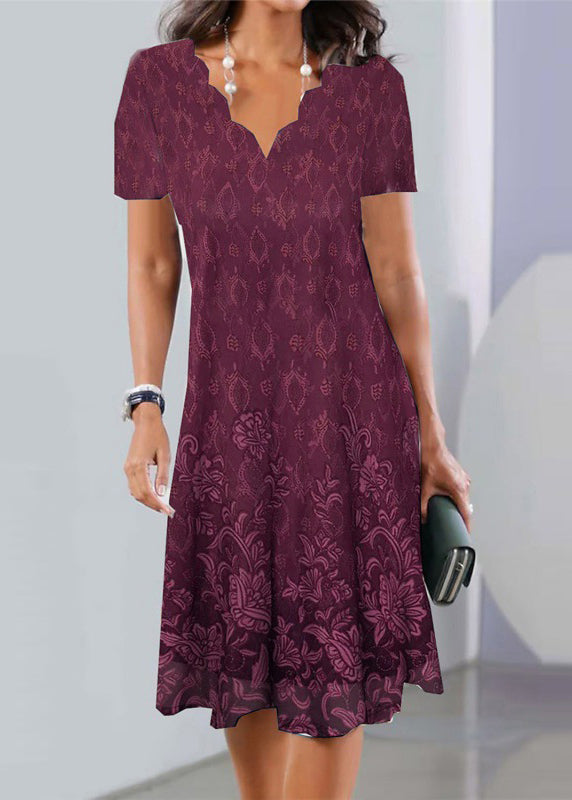 Damask Medallion Border Print Scalloped V-Neck Short Sleeve Knee Length Dress