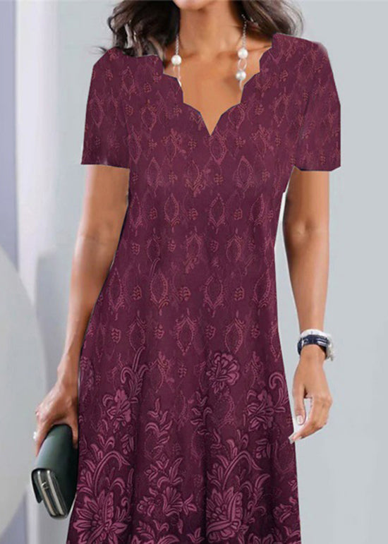 Damask Medallion Border Print Scalloped V-Neck Short Sleeve Knee Length Dress