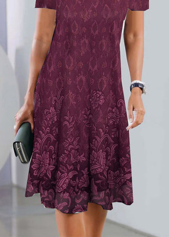Damask Medallion Border Print Scalloped V-Neck Short Sleeve Knee Length Dress