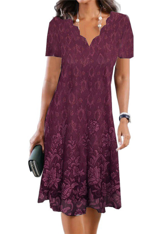 Damask Medallion Border Print Scalloped V-Neck Short Sleeve Knee Length Dress