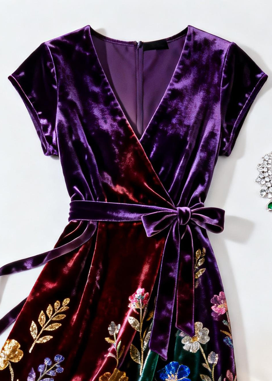 Velvet Wrap V-Neck Cap Sleeve Sequin Floral Embroidered Tie Waist Midi Dress