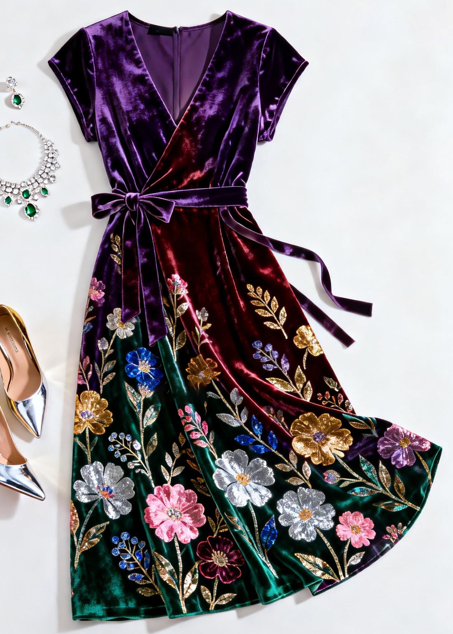 Velvet Wrap V-Neck Cap Sleeve Sequin Floral Embroidered Tie Waist Midi Dress