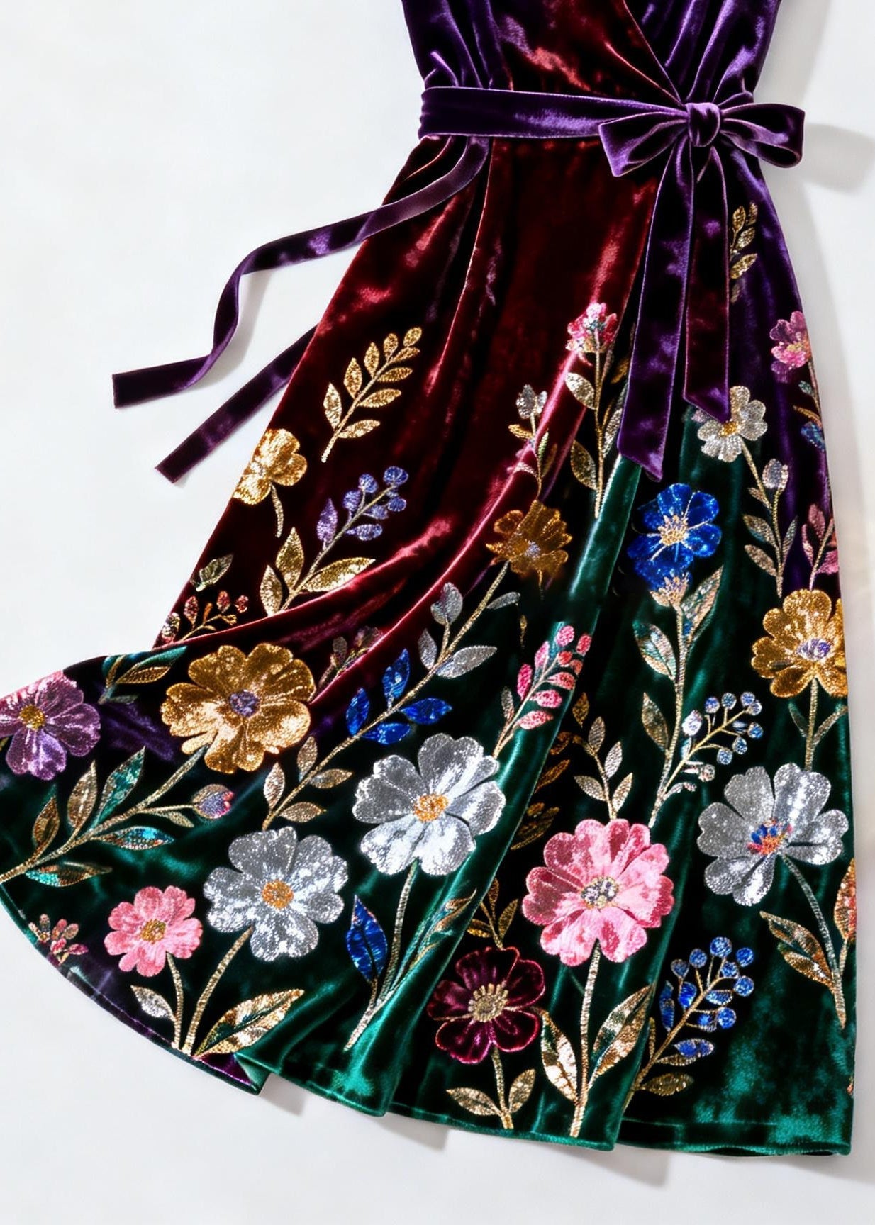 Velvet Wrap V-Neck Cap Sleeve Sequin Floral Embroidered Tie Waist Midi Dress