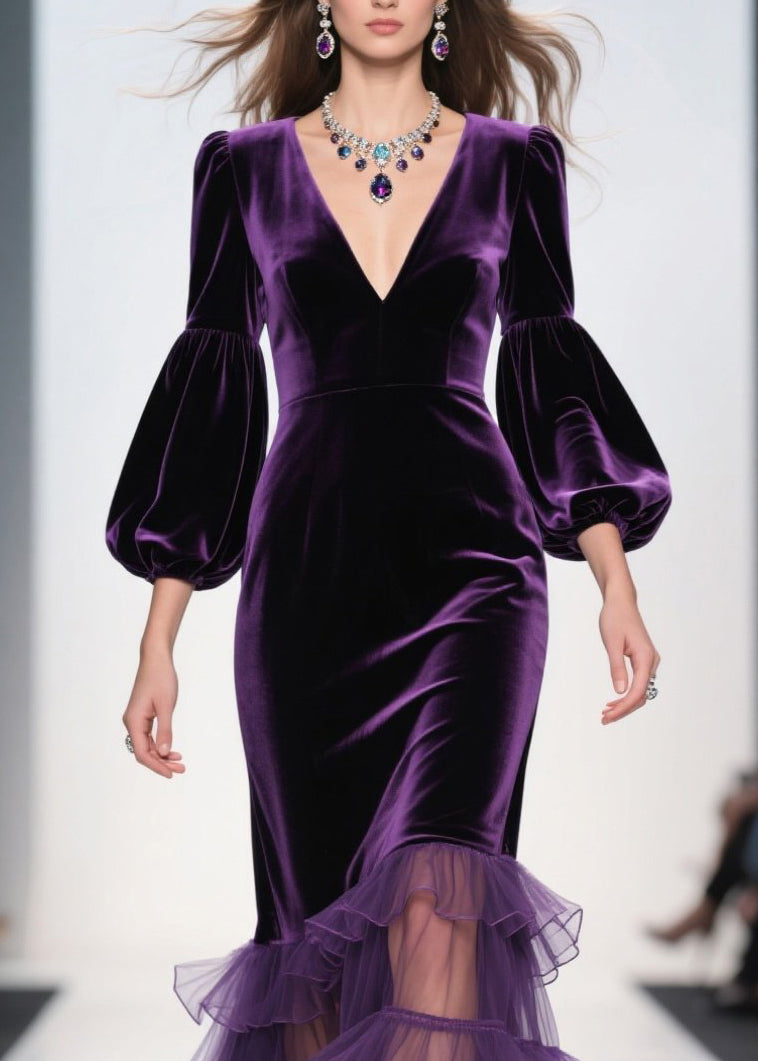 Elegant Purple V Neck Ruffled Patchwork Velvet Maxi Dresses Fall 2