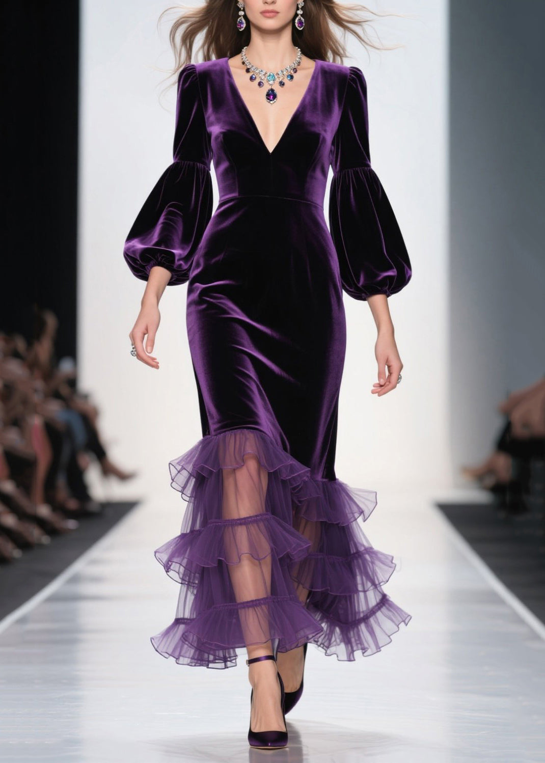 Elegant Purple V Neck Ruffled Patchwork Velvet Maxi Dresses Fall 3