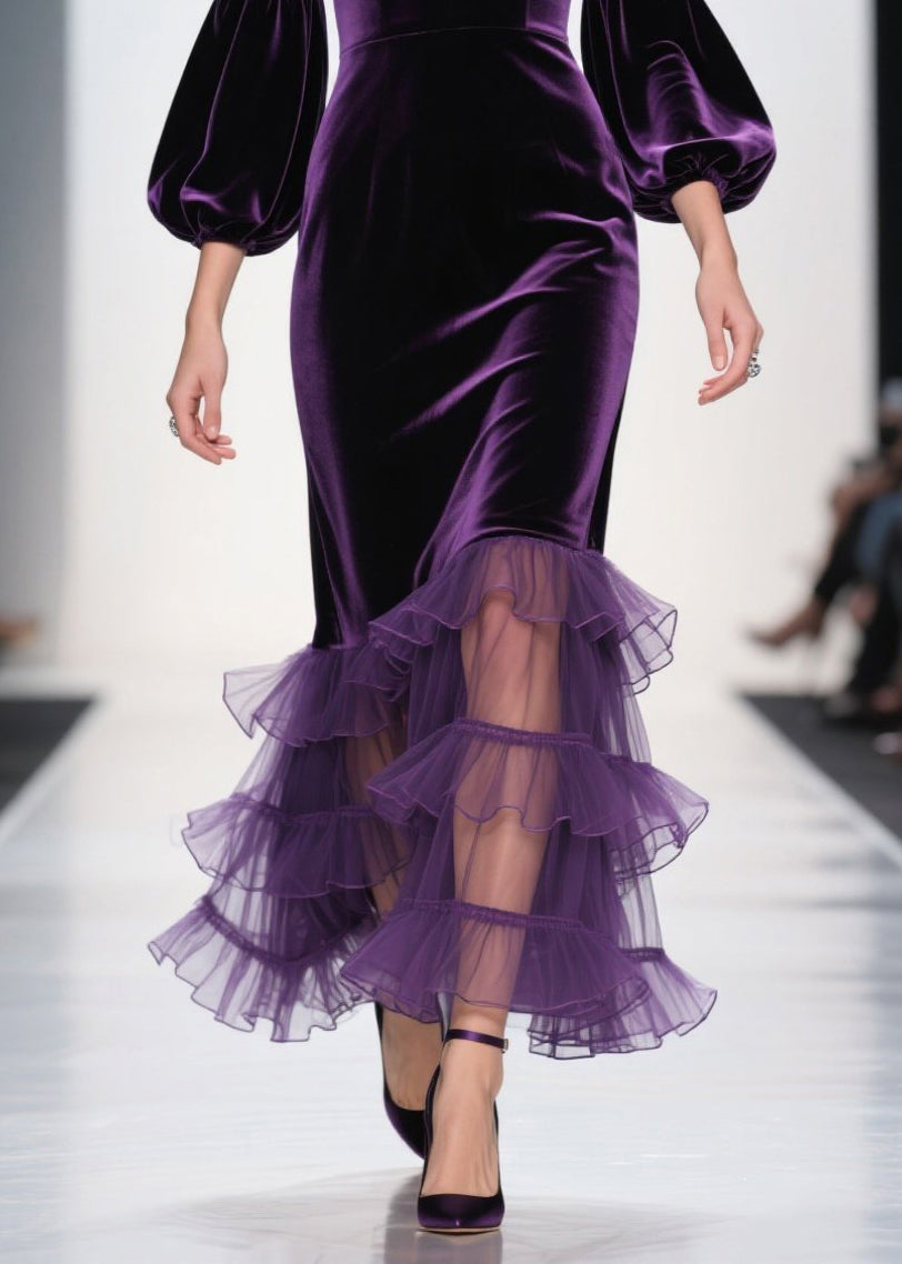 Elegant Purple V Neck Ruffled Patchwork Velvet Maxi Dresses Fall 4