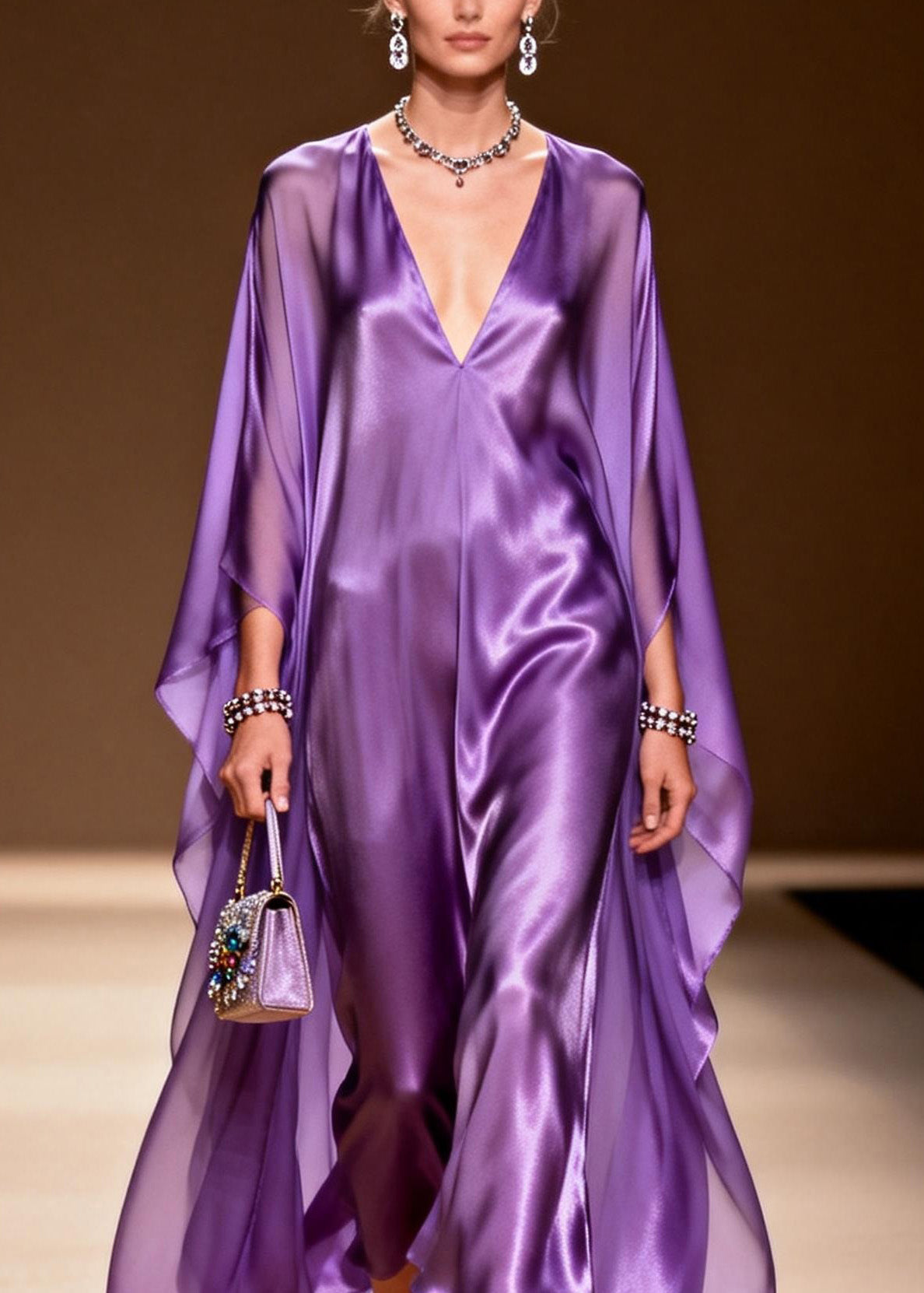 Satin Deep V-Neck Chiffon Cape Overlay Slip Maxi Gown