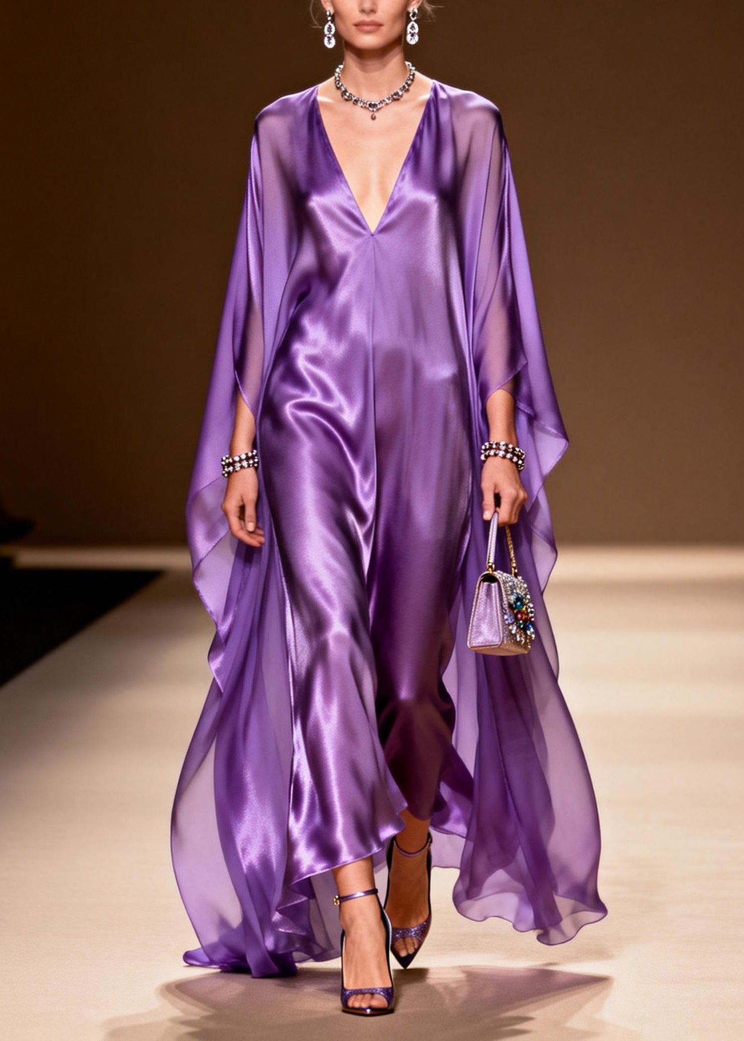 Satin Deep V-Neck Chiffon Cape Overlay Slip Maxi Gown - View 3