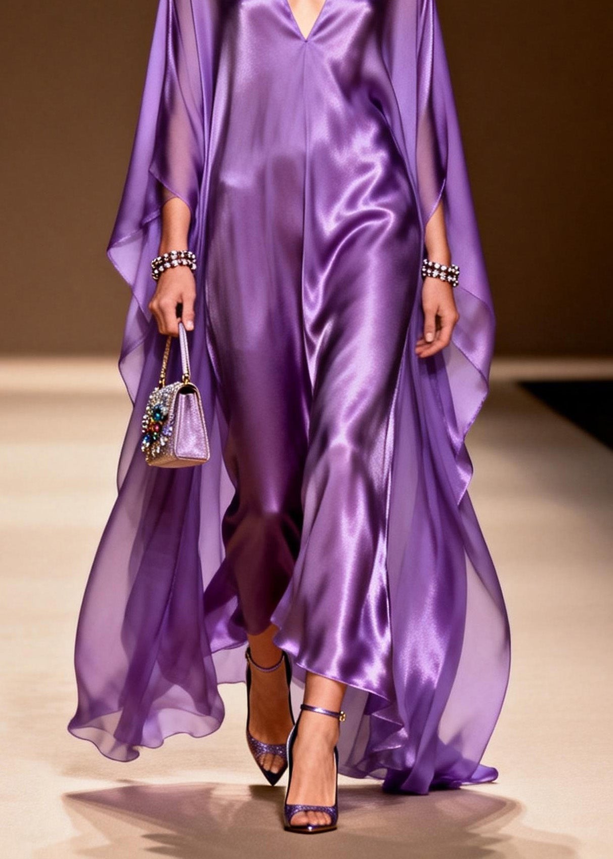 Satin Deep V-Neck Chiffon Cape Overlay Slip Maxi Gown