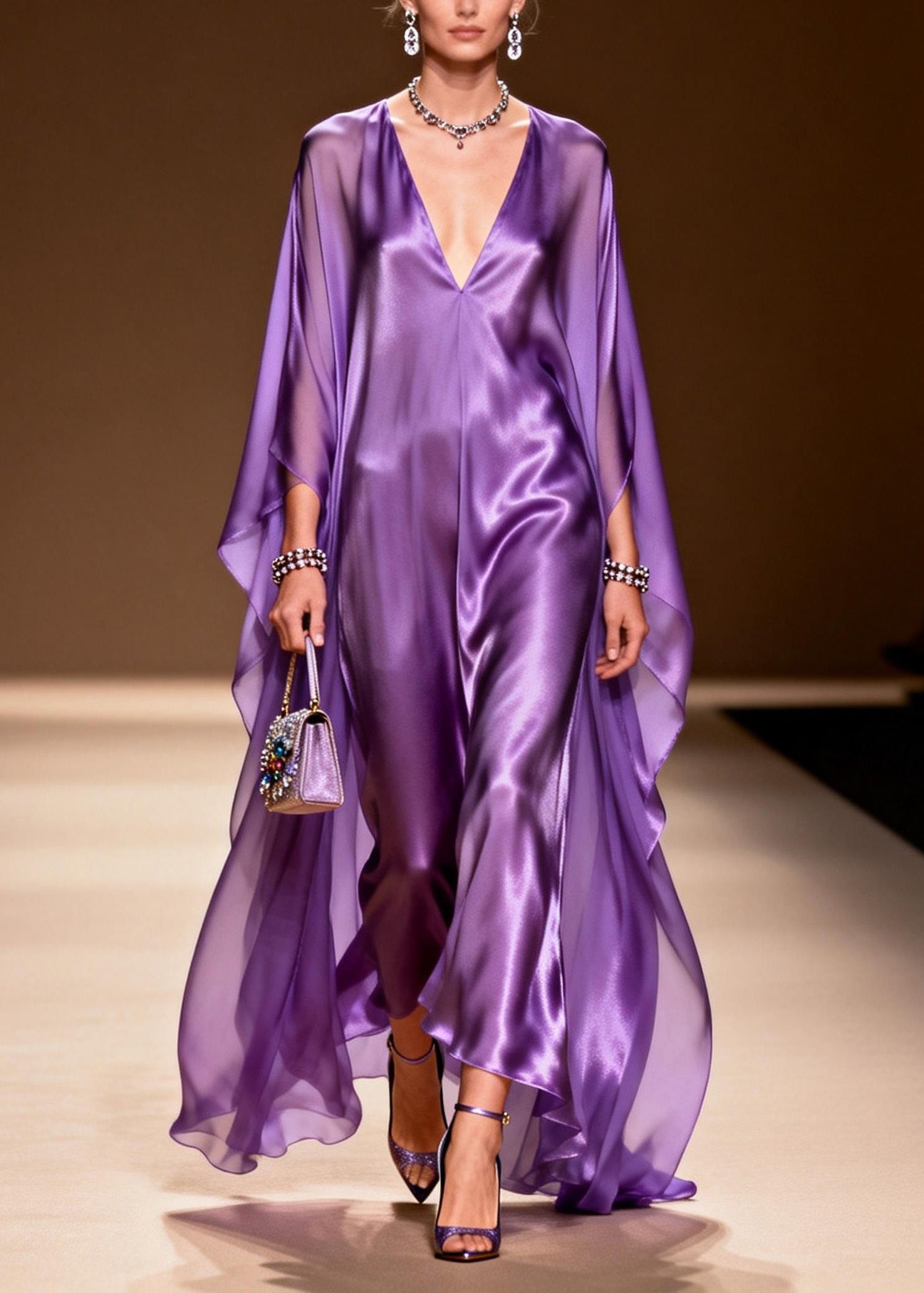 Satin Deep V-Neck Chiffon Cape Overlay Slip Maxi Gown