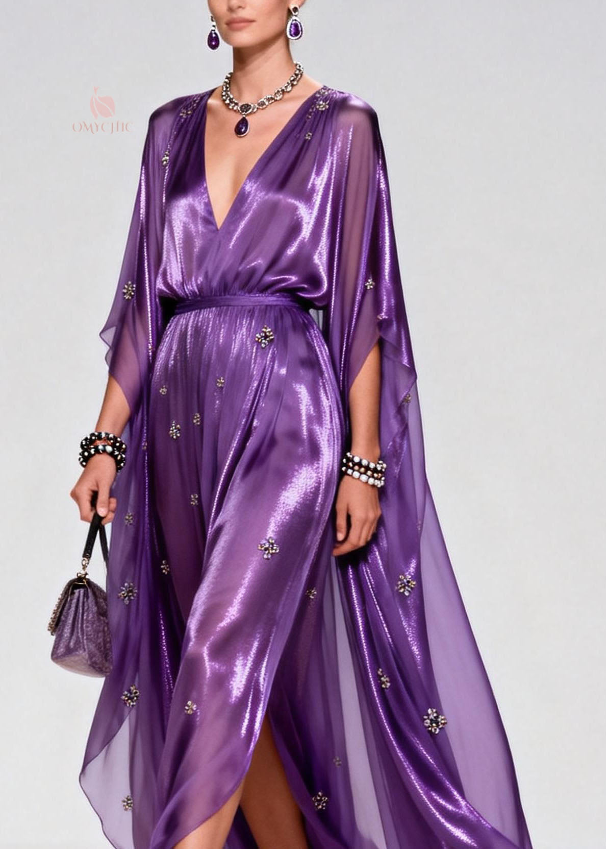 Metallic Deep V-Neck Cape Sleeve Rhinestone High Split Maxi Gown