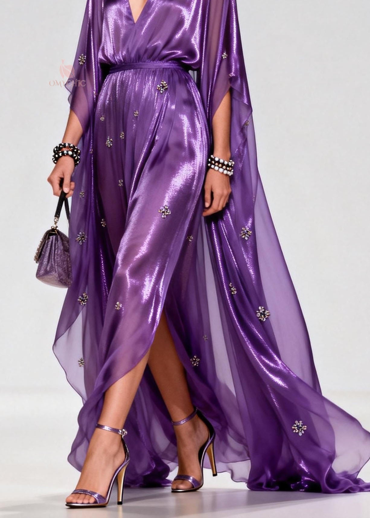 Metallic Deep V-Neck Cape Sleeve Rhinestone High Split Maxi Gown