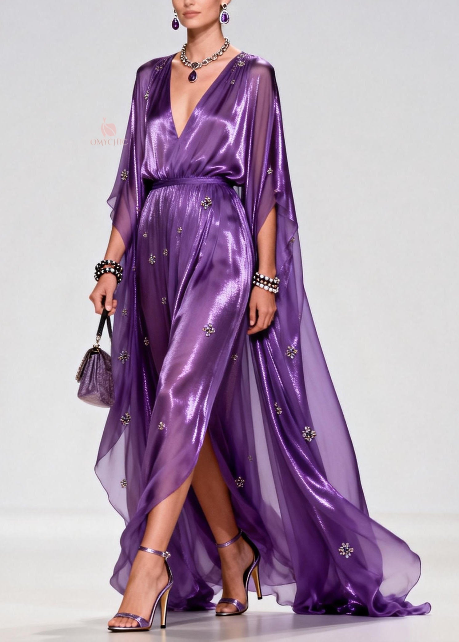 Metallic Deep V-Neck Cape Sleeve Rhinestone High Split Maxi Gown