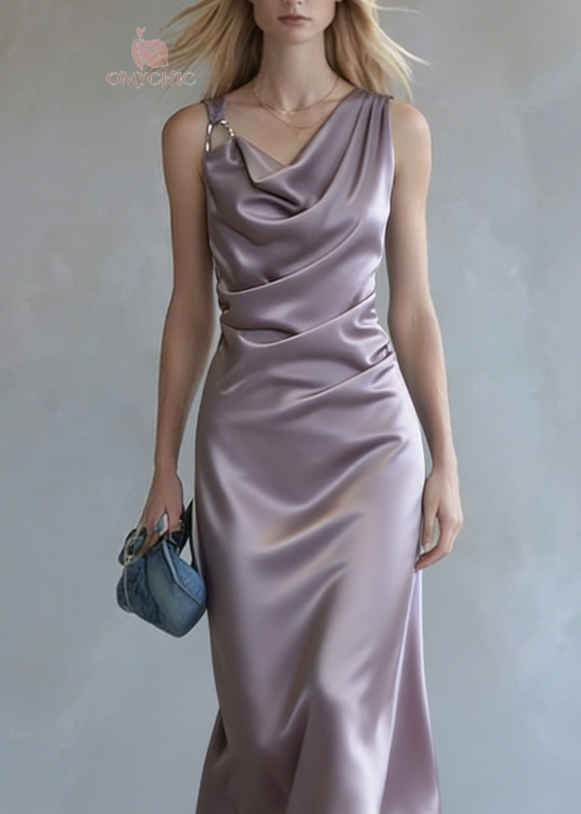 Satin Cowl Neck Spaghetti Strap Ring Detail Ruched Waist Midi Dress