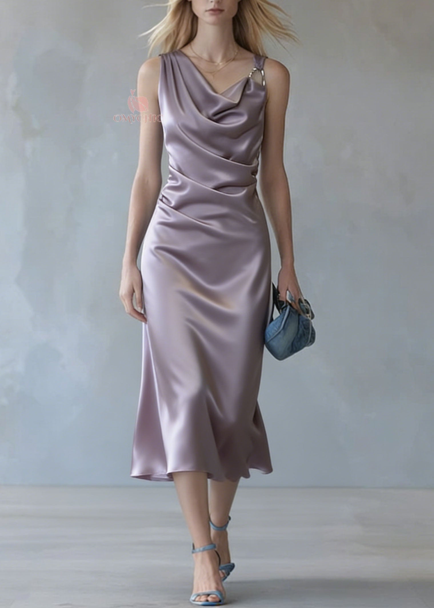 Satin Cowl Neck Spaghetti Strap Ring Detail Ruched Waist Midi Dress