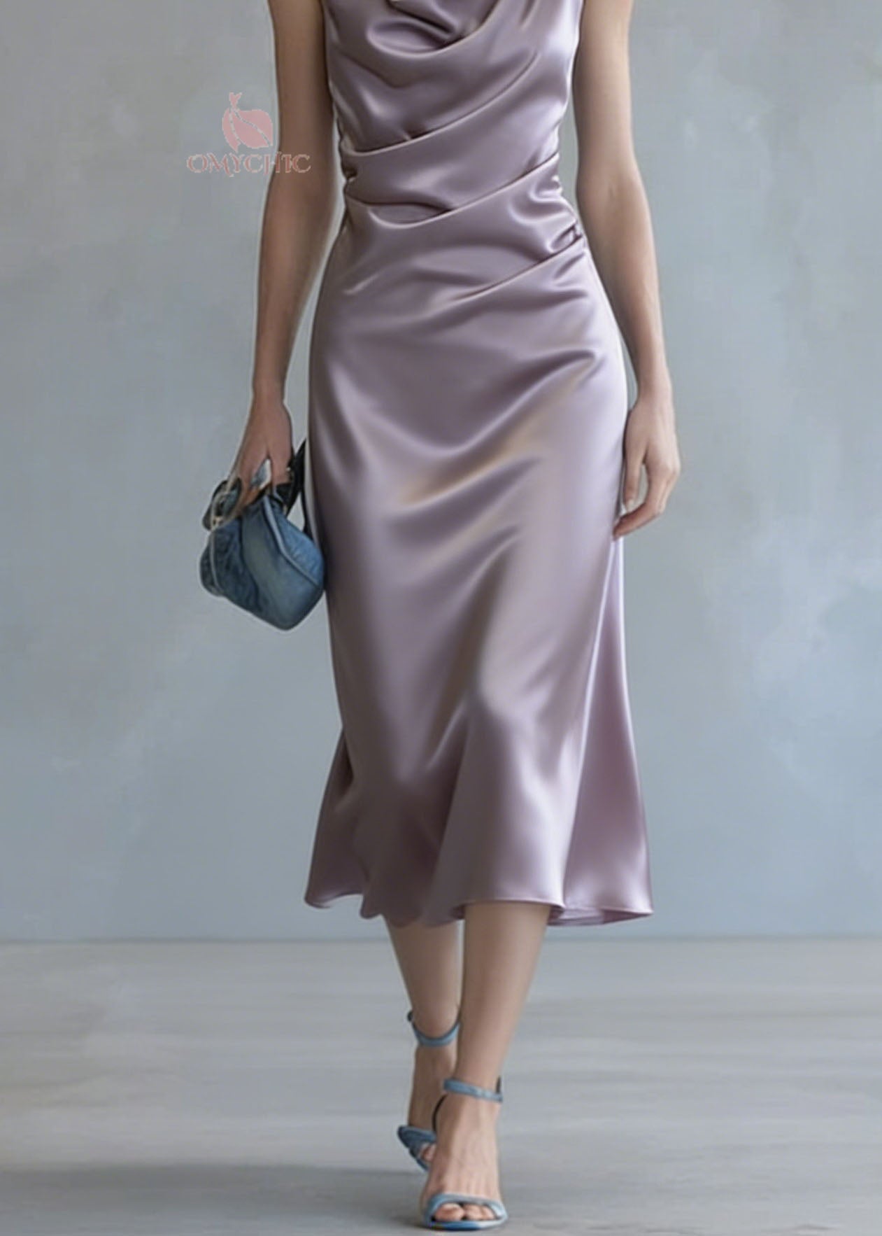 Satin Cowl Neck Spaghetti Strap Ring Detail Ruched Waist Midi Dress