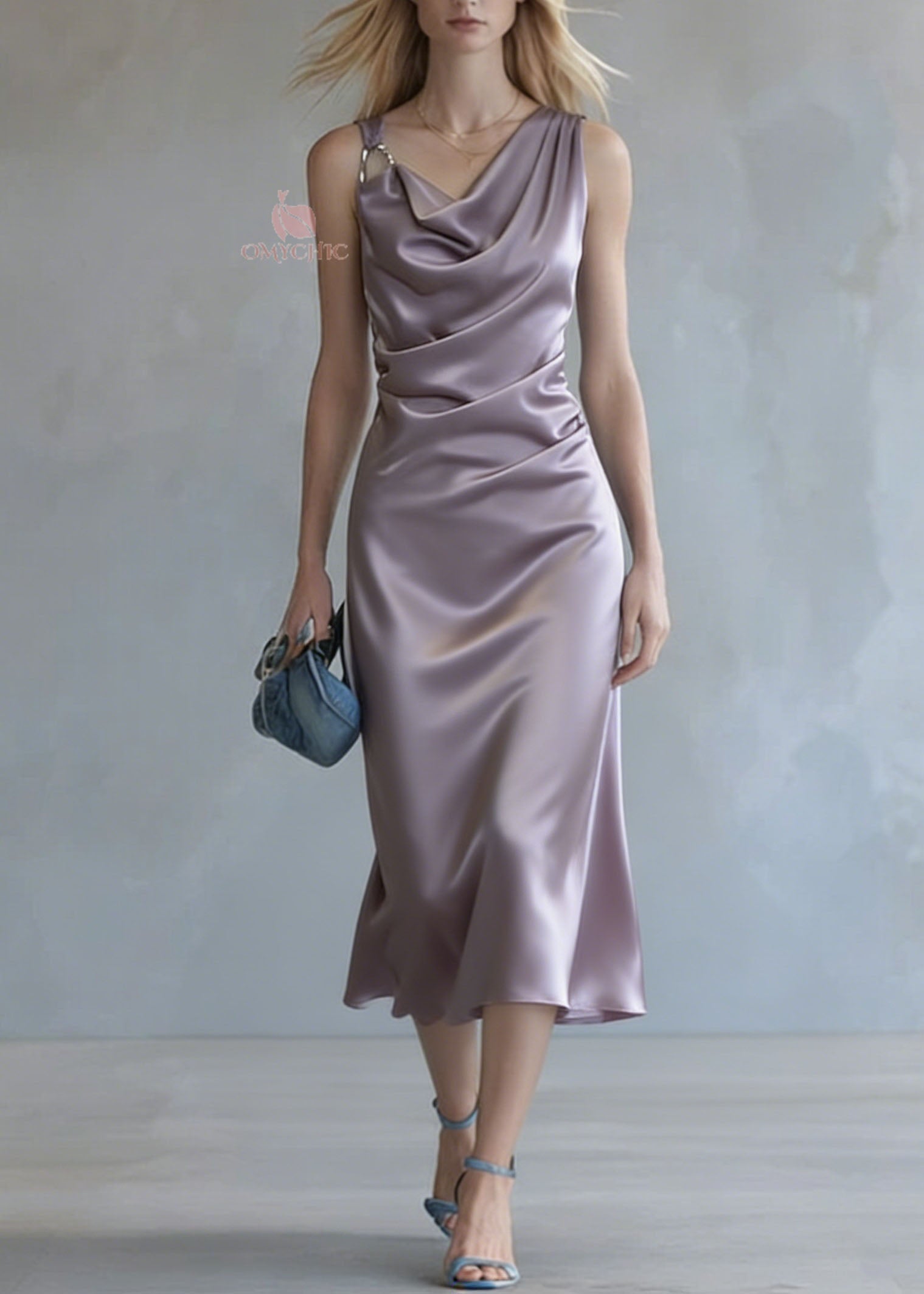 Satin Cowl Neck Spaghetti Strap Ring Detail Ruched Waist Midi Dress