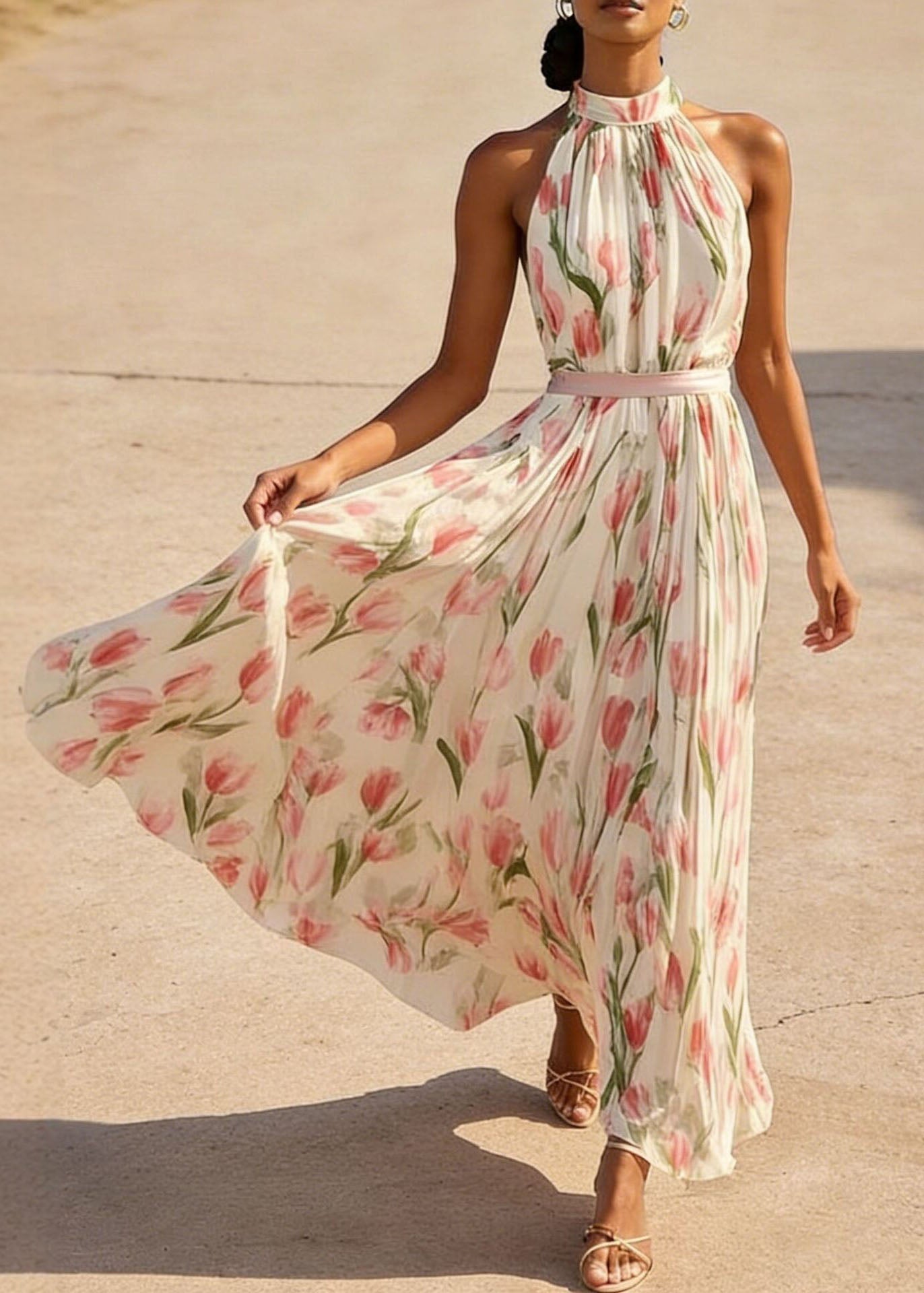 Floral Print Halter Neck Pleated Belted Chiffon Maxi Dress