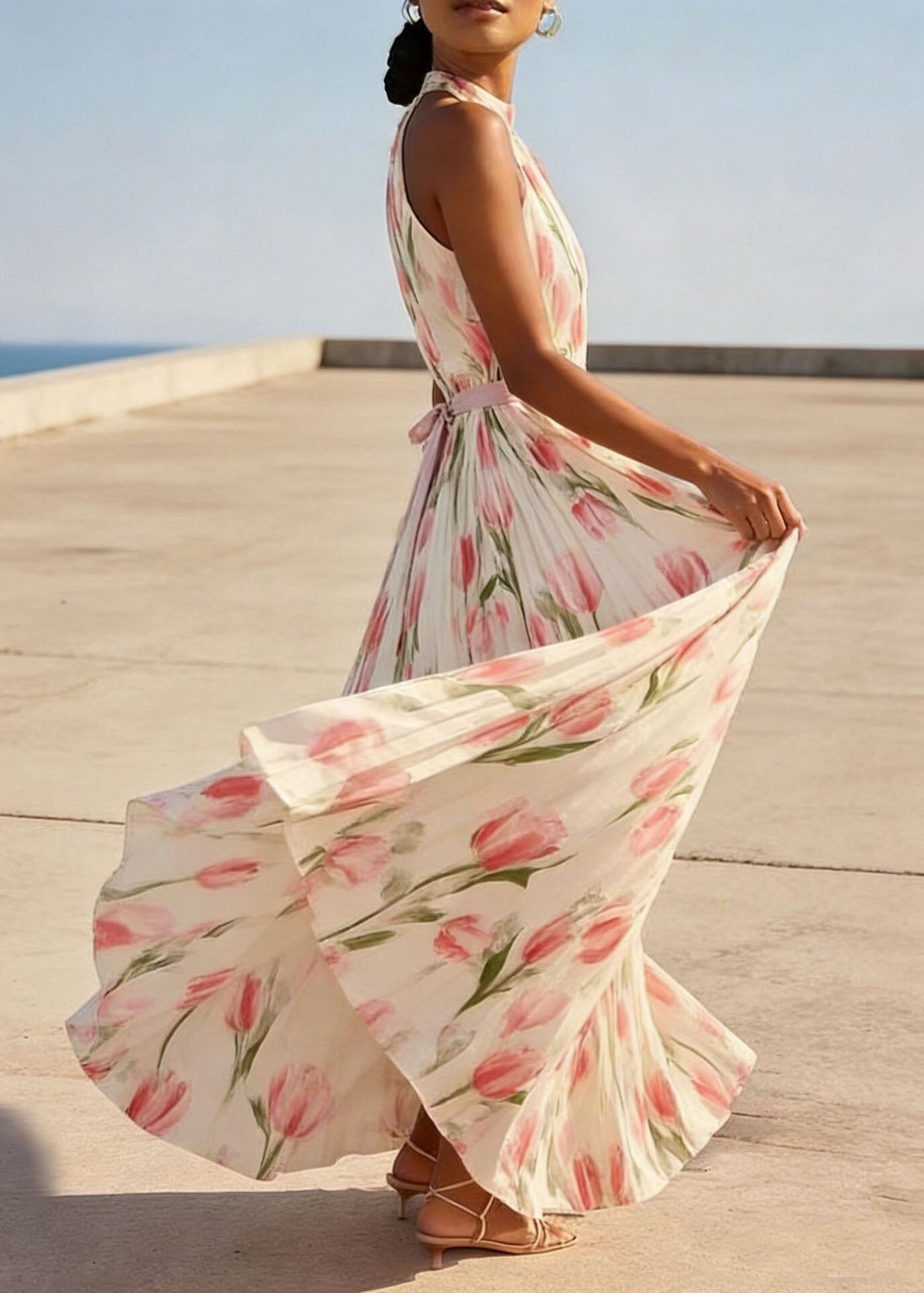 Floral Print Halter Neck Pleated Belted Chiffon Maxi Dress
