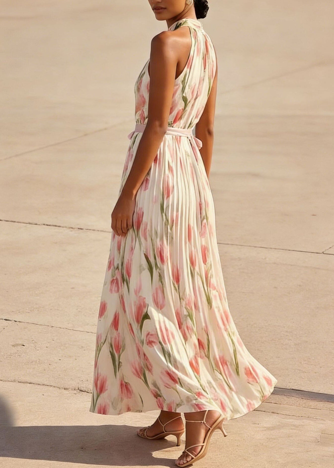 Floral Print Halter Neck Pleated Belted Chiffon Maxi Dress