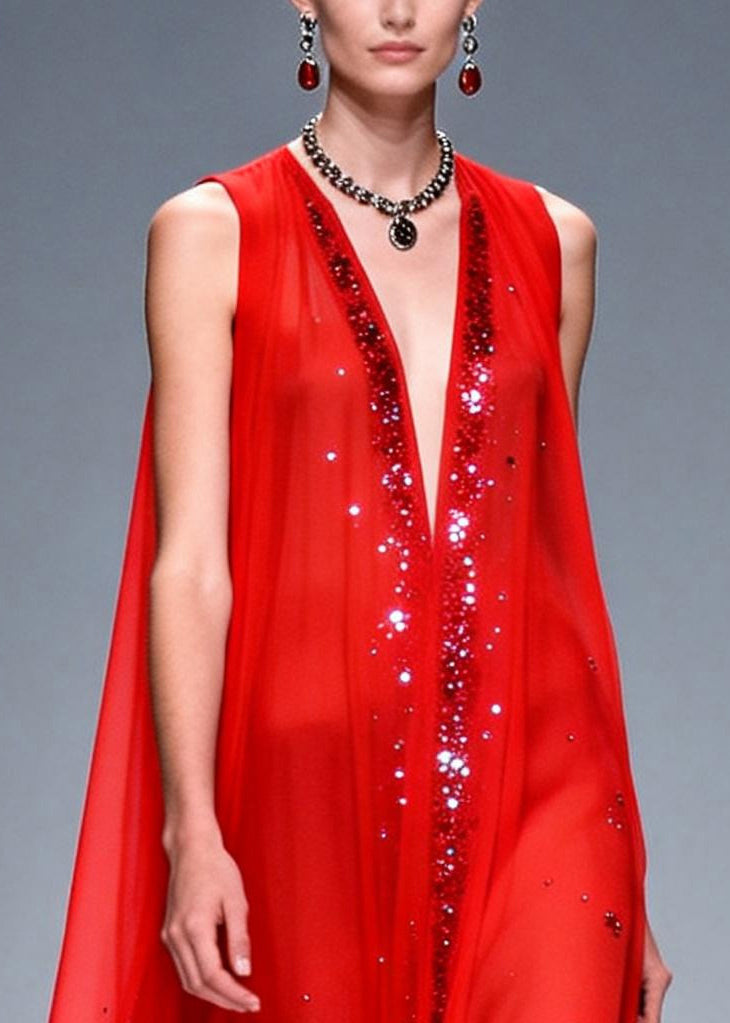 Chiffon Deep V-Neck Sequin Trim Cape Overlay Sleeveless Party Gown