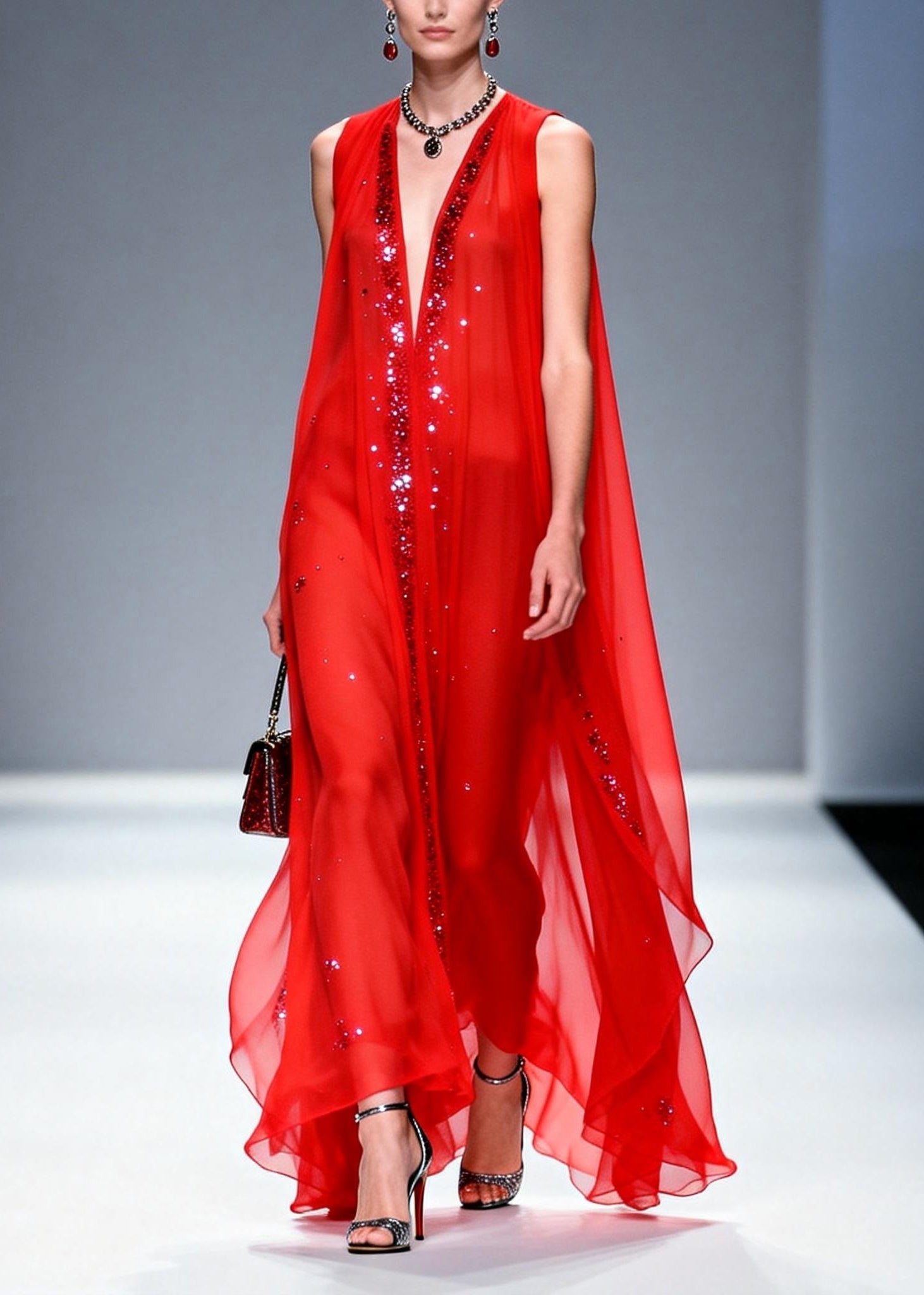 Chiffon Deep V-Neck Sequin Trim Cape Overlay Sleeveless Party Gown