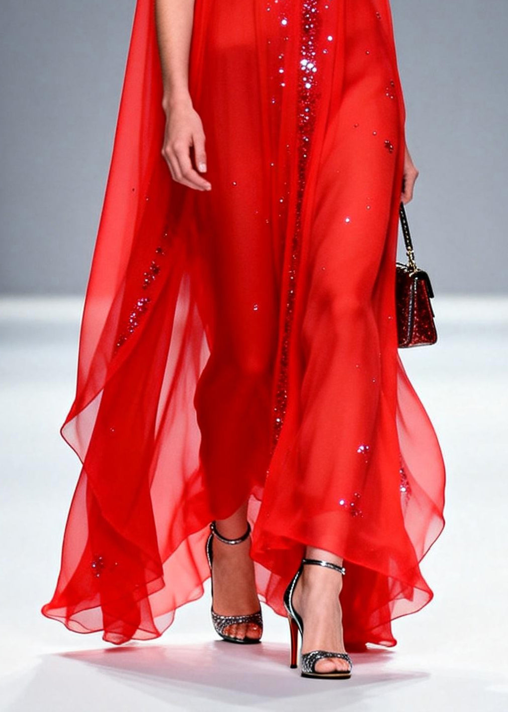 Chiffon Deep V-Neck Sequin Trim Cape Overlay Sleeveless Party Gown