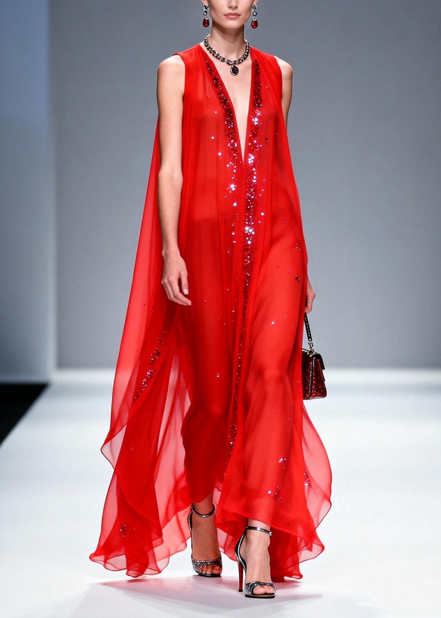 Chiffon Deep V-Neck Sequin Trim Cape Overlay Sleeveless Party Gown