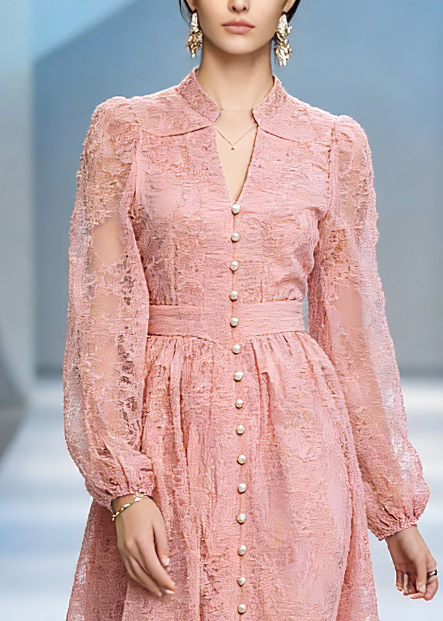 Lace V-Neck Mandarin Collar Bishop Sleeve Button Front Mini Dress