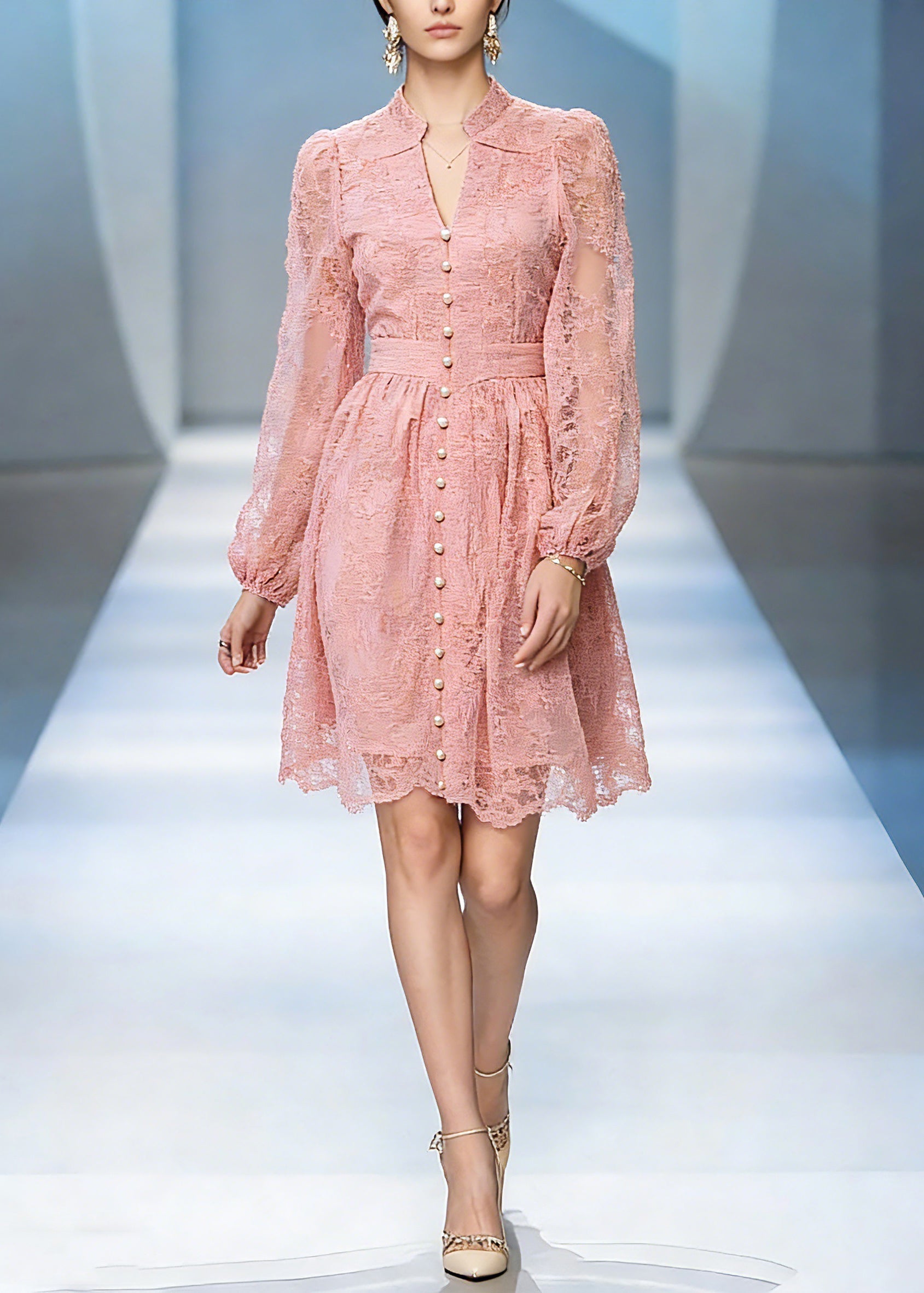 Lace V-Neck Mandarin Collar Bishop Sleeve Button Front Mini Dress