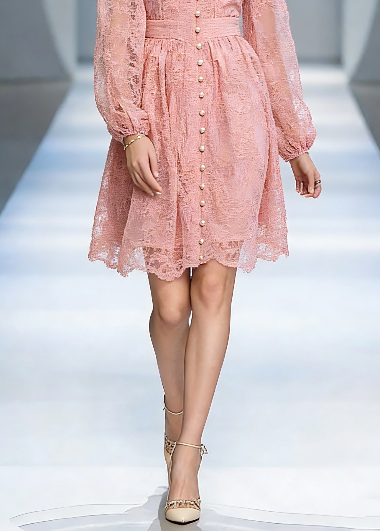 Lace V-Neck Mandarin Collar Bishop Sleeve Button Front Mini Dress