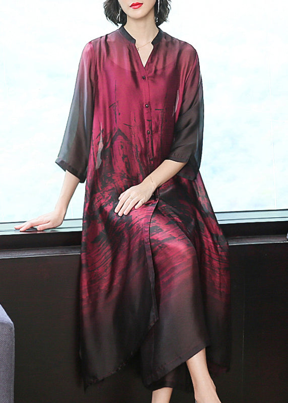 Brushstroke Print Mandarin Collar Button Front Three Quarter Sleeve Maxi Dress