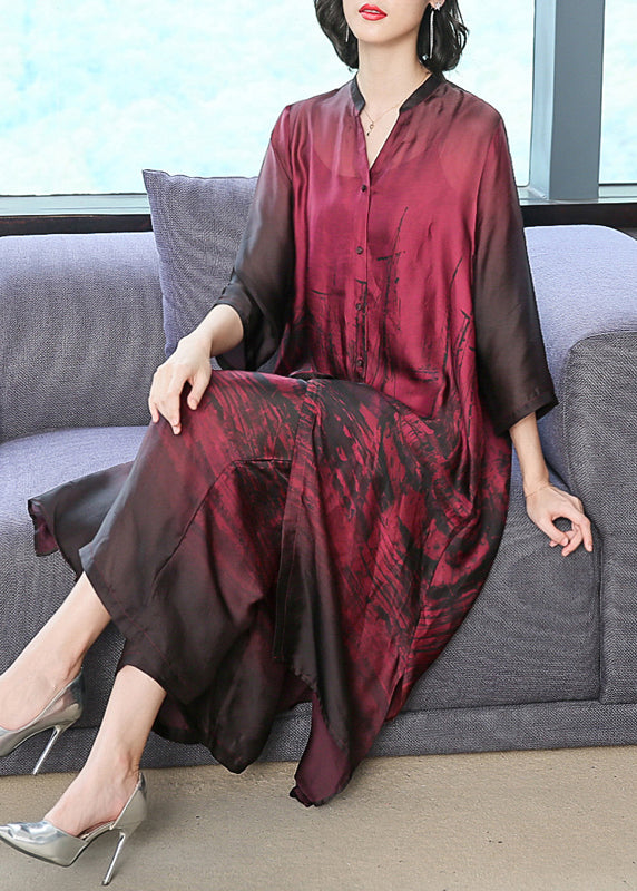 Brushstroke Print Mandarin Collar Button Front Three Quarter Sleeve Maxi Dress