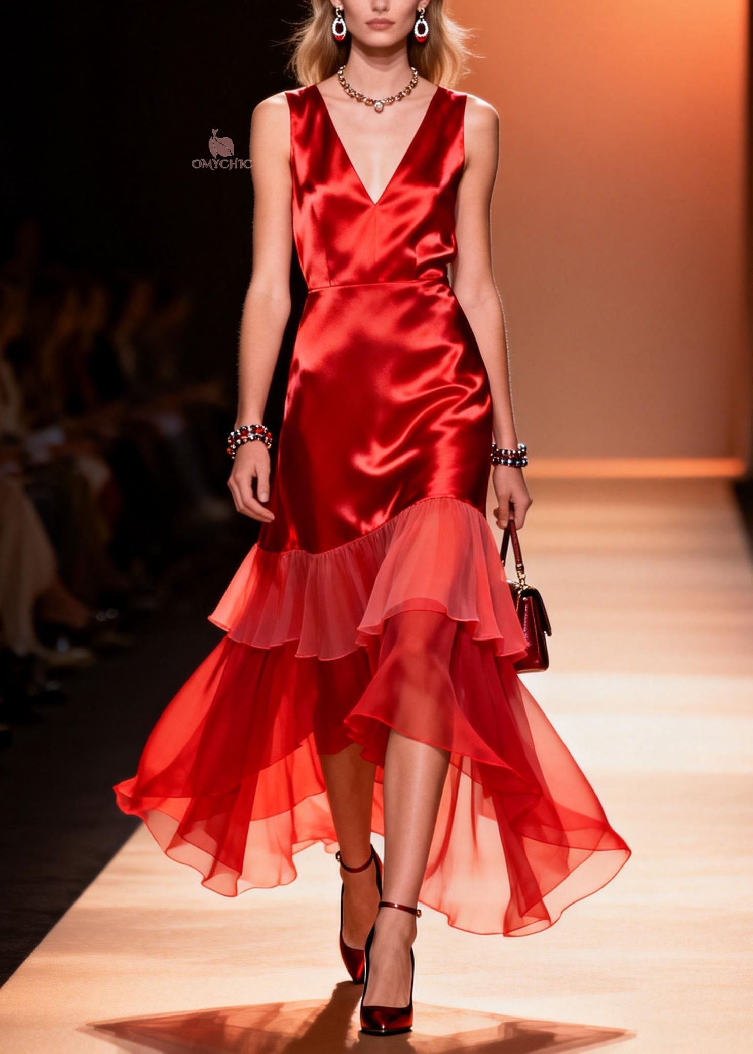 Satin Deep V-Neck Sleeveless Tiered Ruffle Chiffon High Low Party Dress