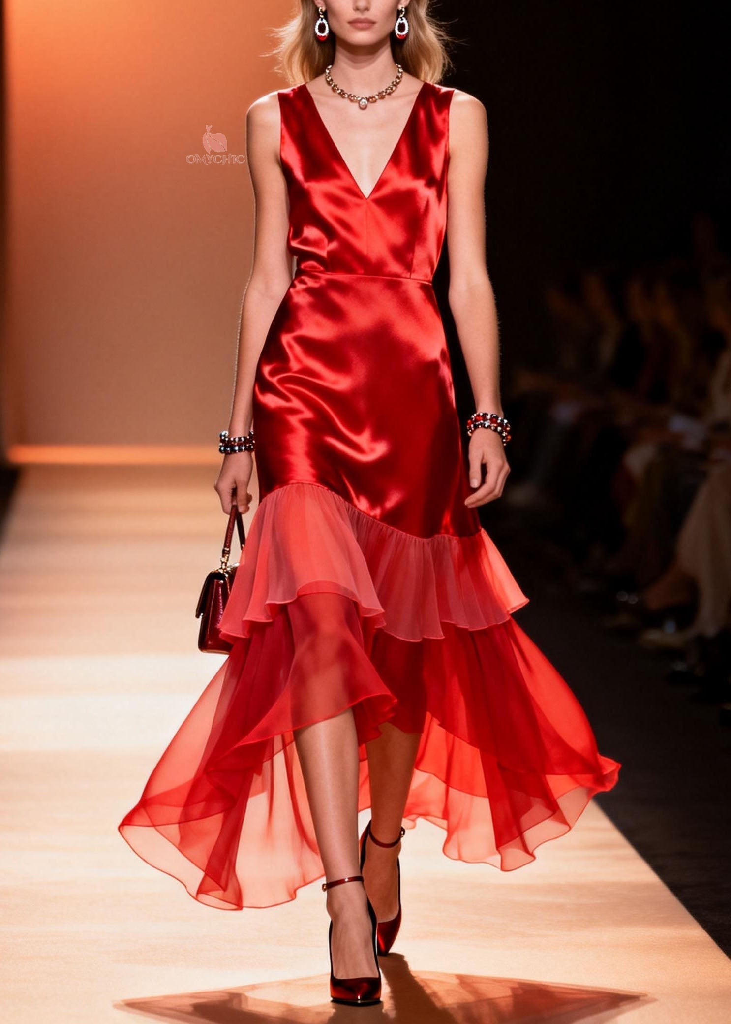 Satin Deep V-Neck Sleeveless Tiered Ruffle Chiffon High Low Party Dress