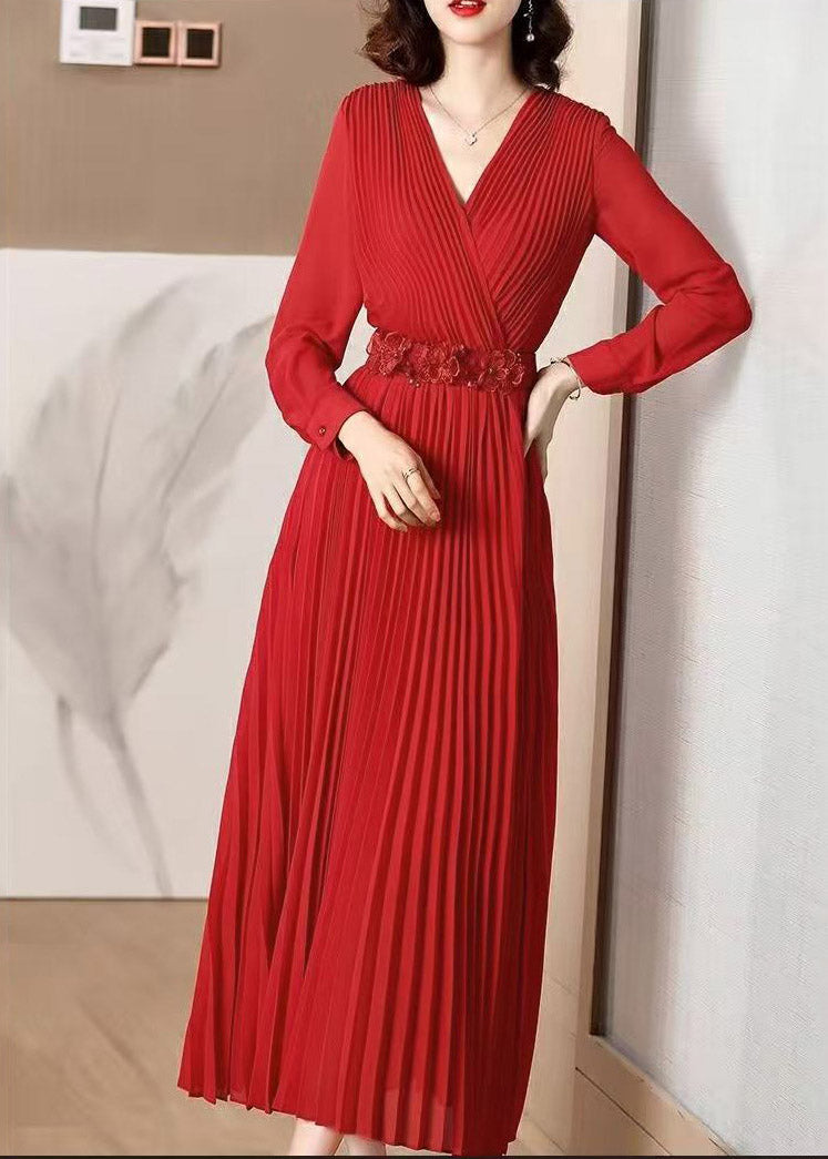 Elegant Red V Neck Wrinkled Tunic Chiffon Maxi Dress Fall - View 2