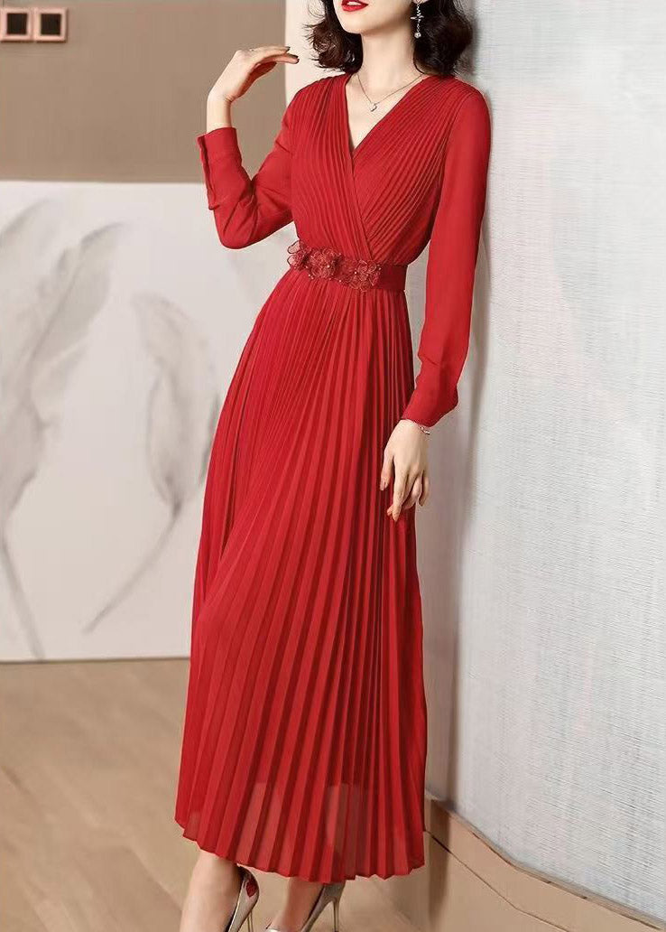 Elegant Red V Neck Wrinkled Tunic Chiffon Maxi Dress Fall - View 3