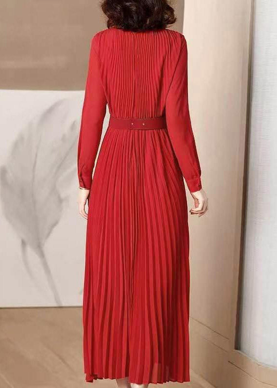 Elegant Red V Neck Wrinkled Tunic Chiffon Maxi Dress Fall - View 5