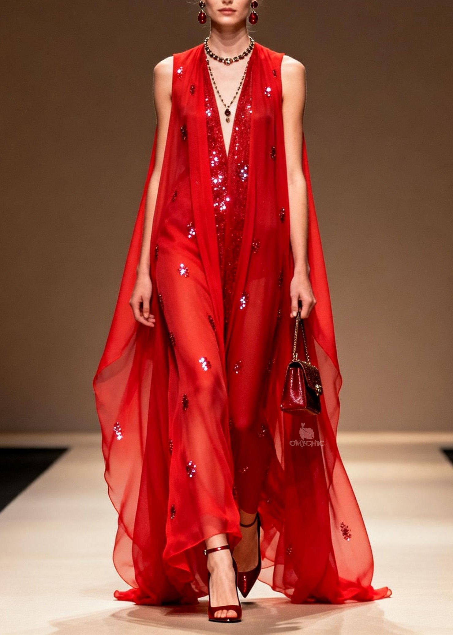 Sequin Scatter Deep V-Neck Sheer Cape Overlay Maxi Gown