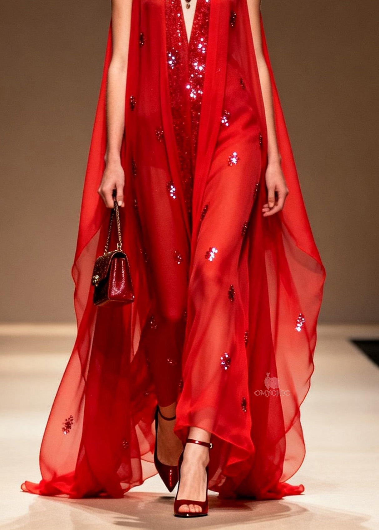 Sequin Scatter Deep V-Neck Sheer Cape Overlay Maxi Gown