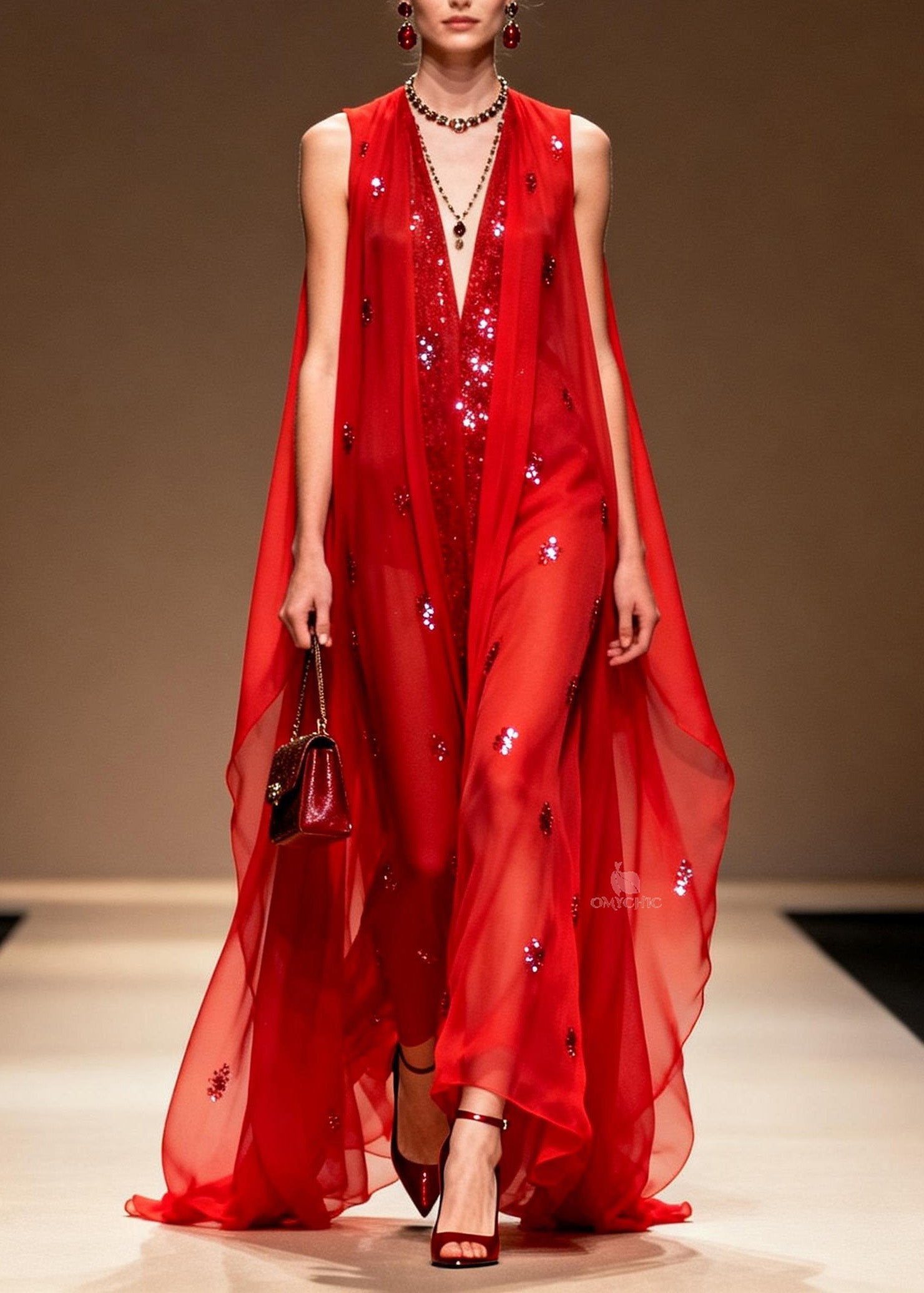 Sequin Scatter Deep V-Neck Sheer Cape Overlay Maxi Gown