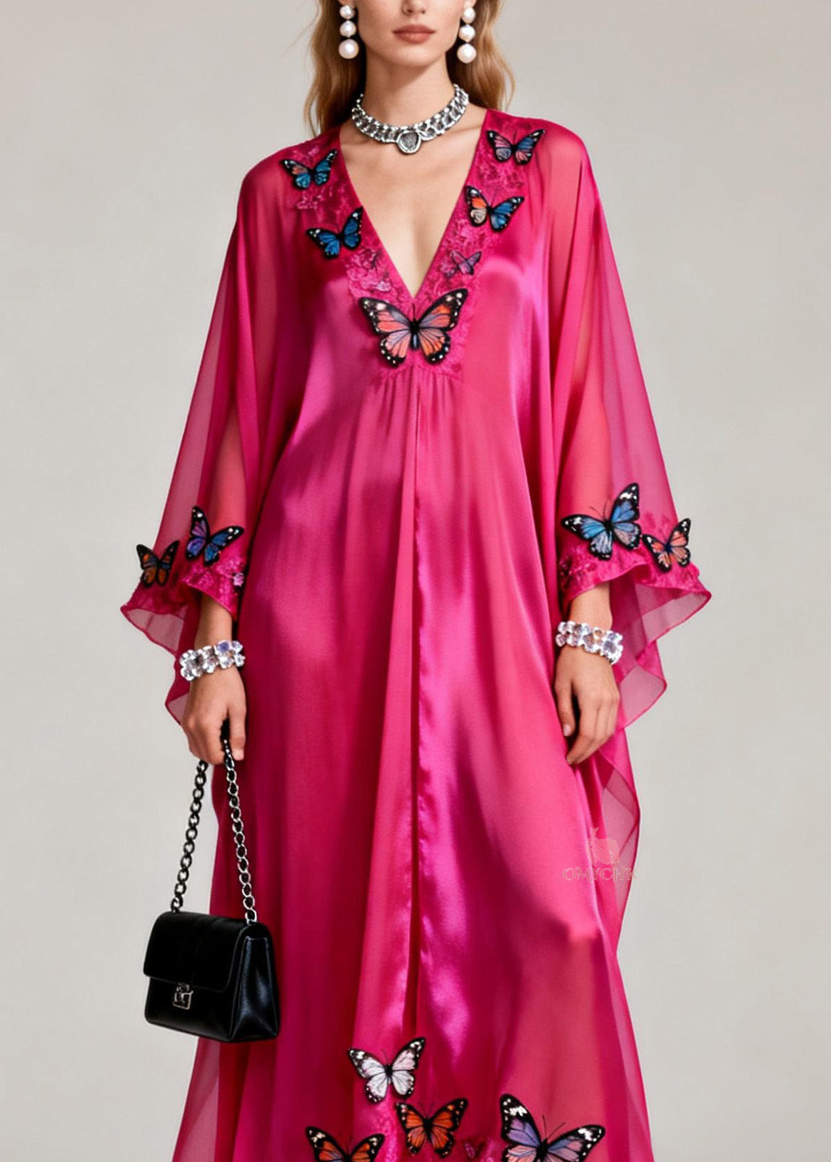 Butterfly Applique Deep V-Neck Ruffled Tier Sheer Chiffon Kaftan Maxi Dress