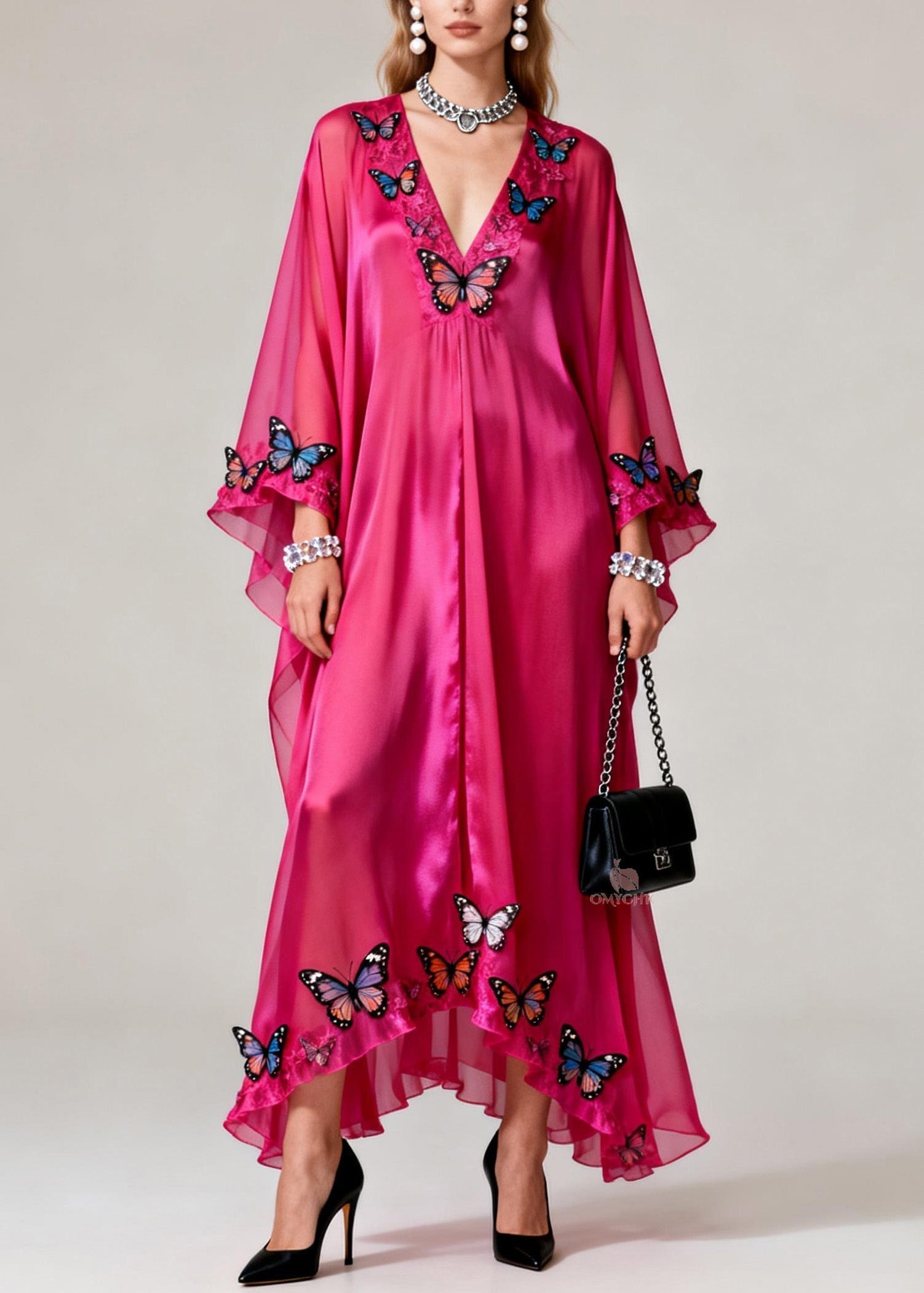 Butterfly Applique Deep V-Neck Ruffled Tier Sheer Chiffon Kaftan Maxi Dress