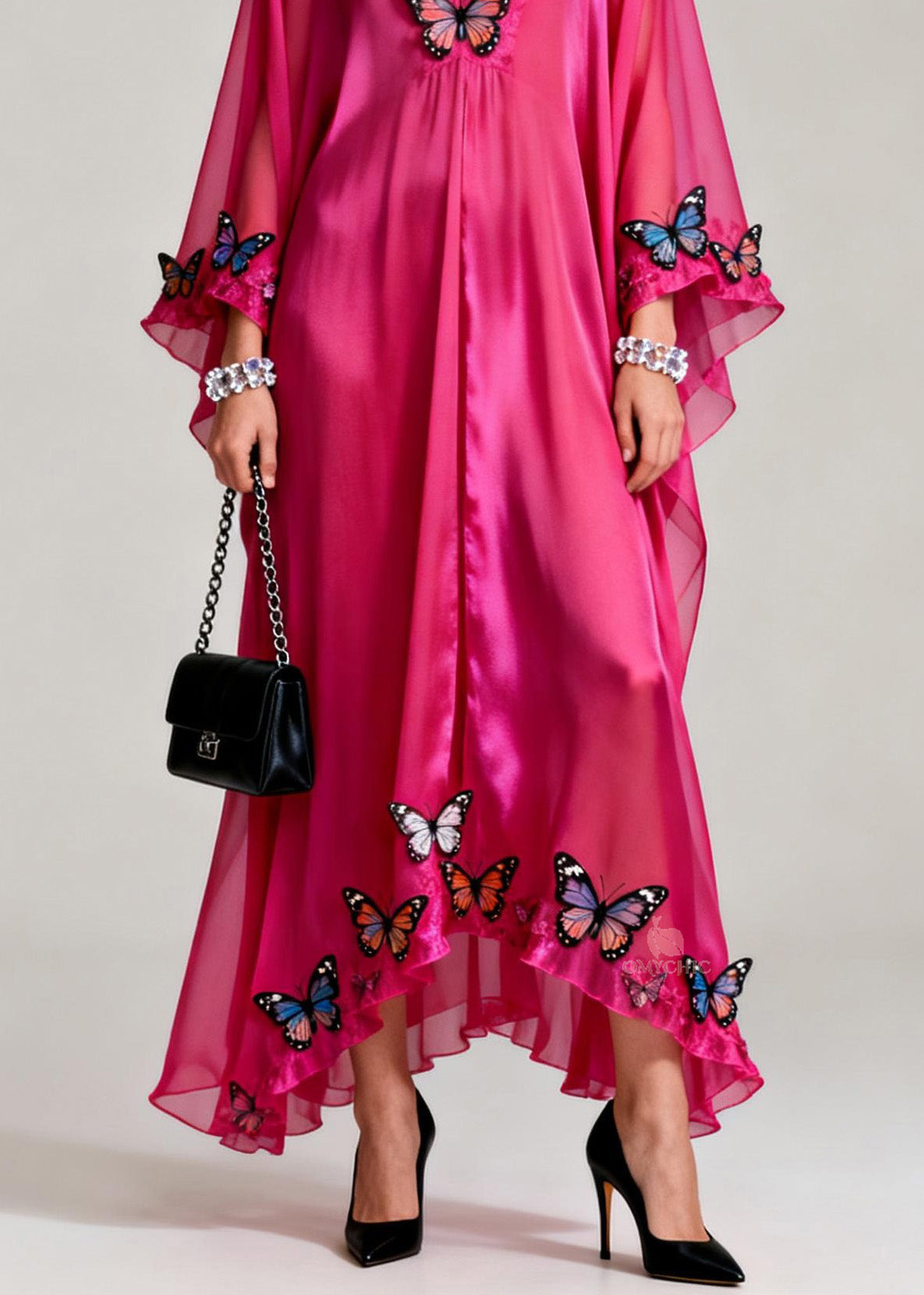 Butterfly Applique Deep V-Neck Ruffled Tier Sheer Chiffon Kaftan Maxi Dress