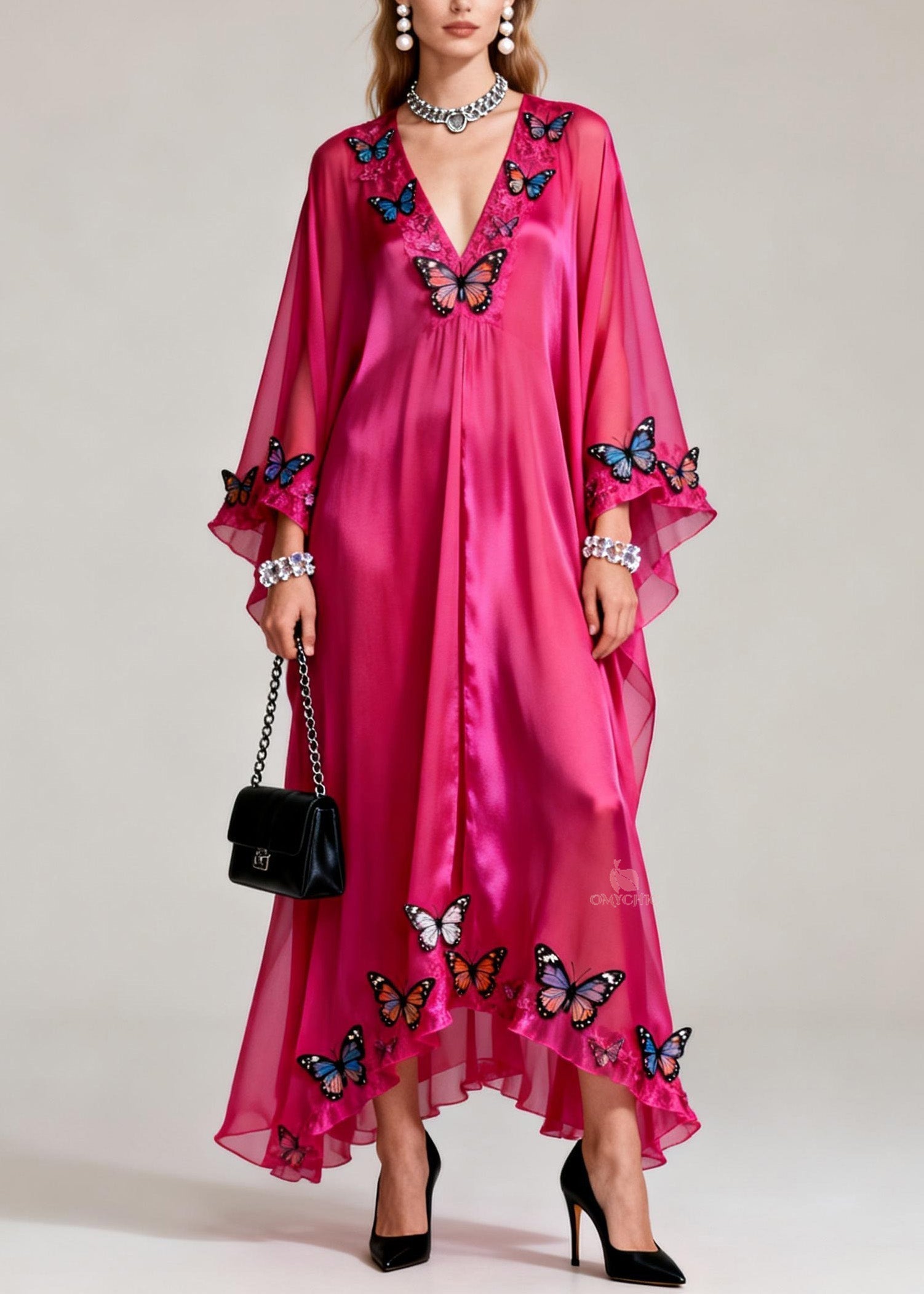 Butterfly Applique Deep V-Neck Ruffled Tier Sheer Chiffon Kaftan Maxi Dress