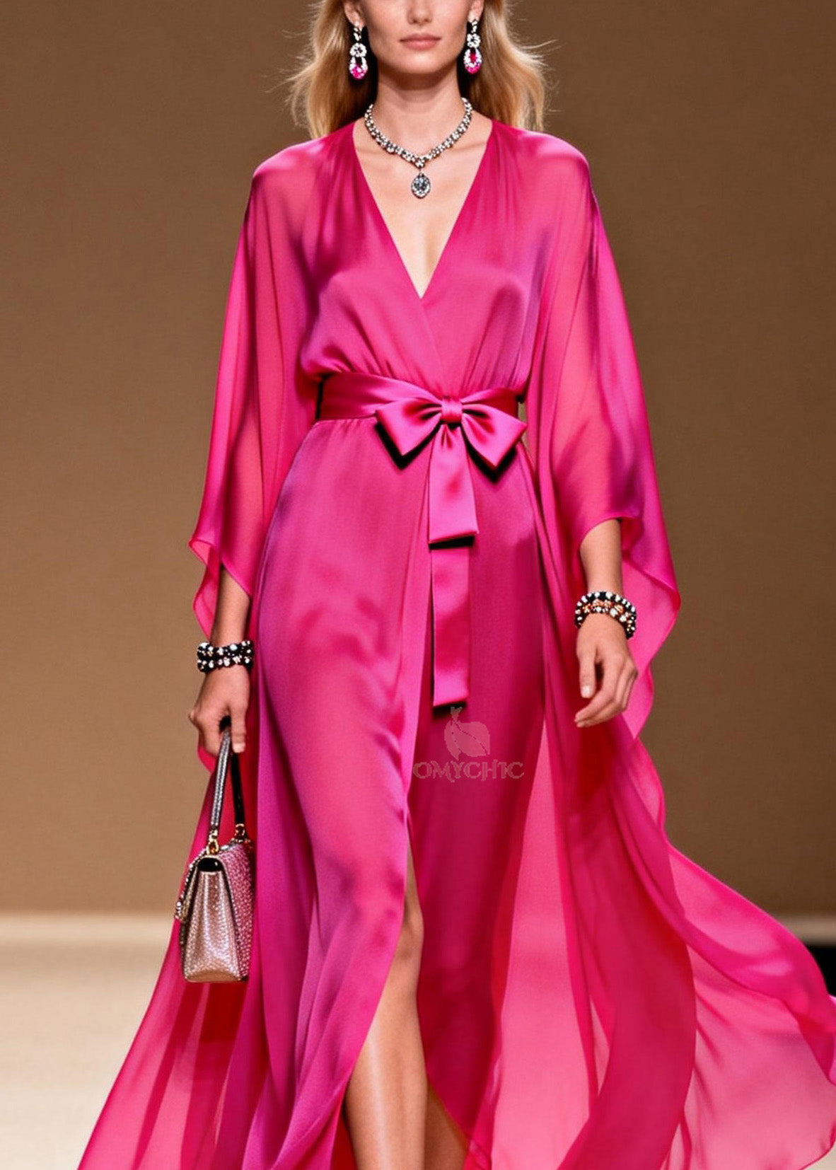 Chiffon Deep V-Neck Wrap Belted Bow Sheer Sleeve High Split Maxi Gown