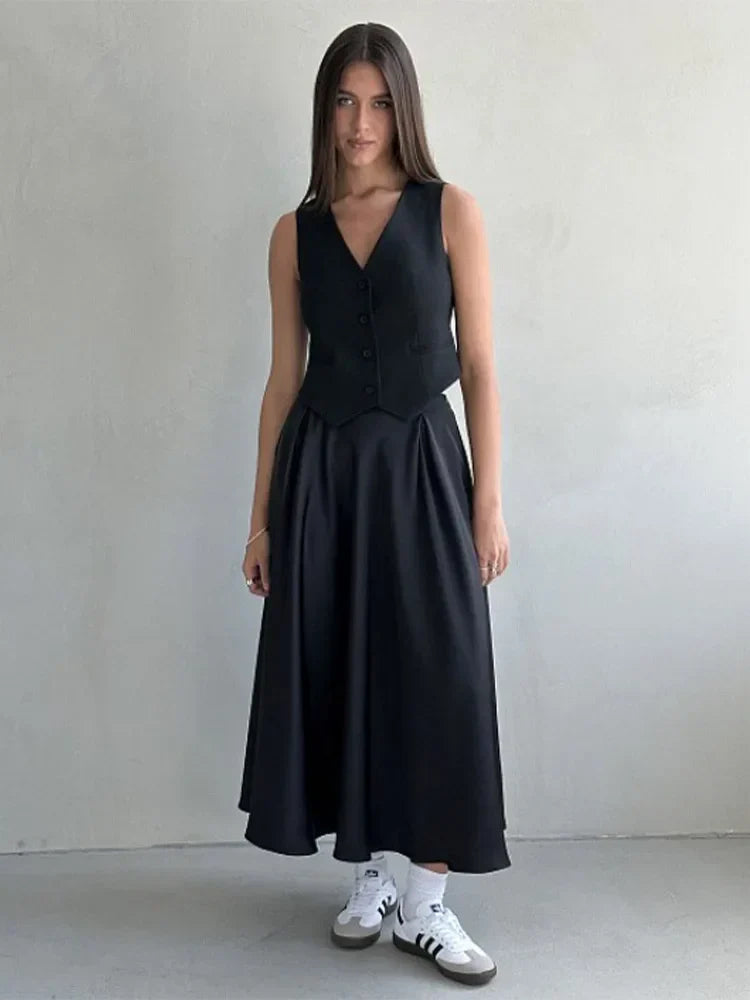 Refined Satin Loose High Waist Maxi Streetwear Fashion Black Skirt