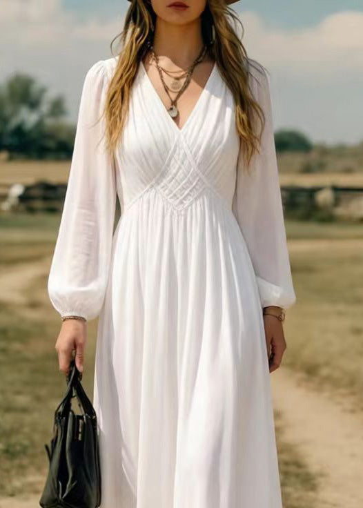 Chiffon Deep V-Neck Bishop Sleeve Lattice Empire Waist Maxi Dress