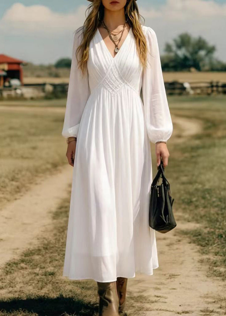 Chiffon Deep V-Neck Bishop Sleeve Lattice Empire Waist Maxi Dress