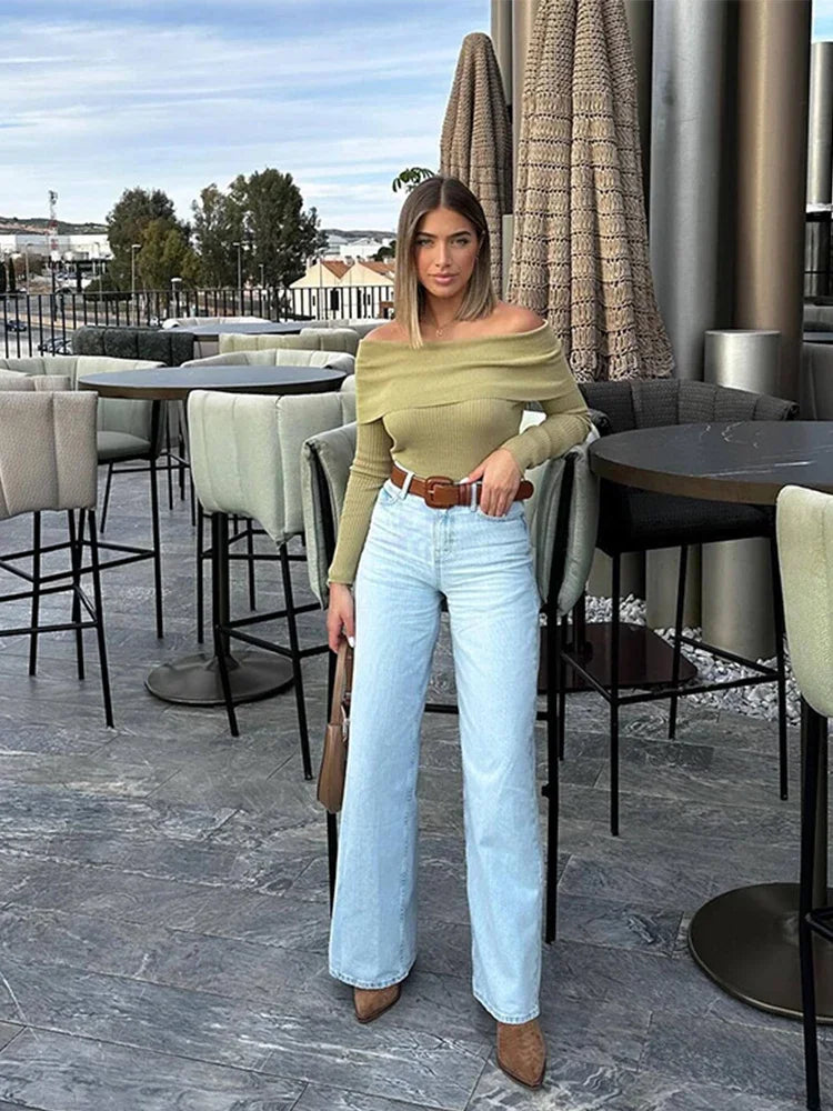 Elegant Slim Green Off-Shoulder Long Sleeve Chic Sweater